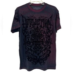 Affliction crewneck, graphic, short sleeve T-shirt, burgundy, and black